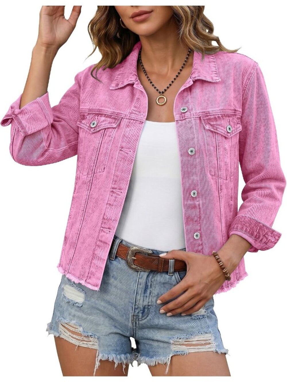 Women’s Azalea Pink Western Trucker Frayed Hem Vintage Distressed Jean Jacket